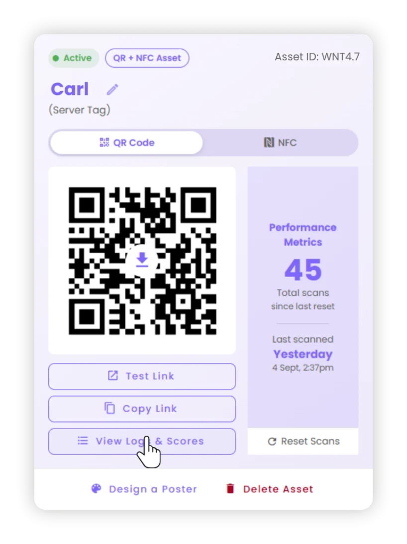 TapSpot asset card for a server tag showing its QR code, total scans and last scanned time