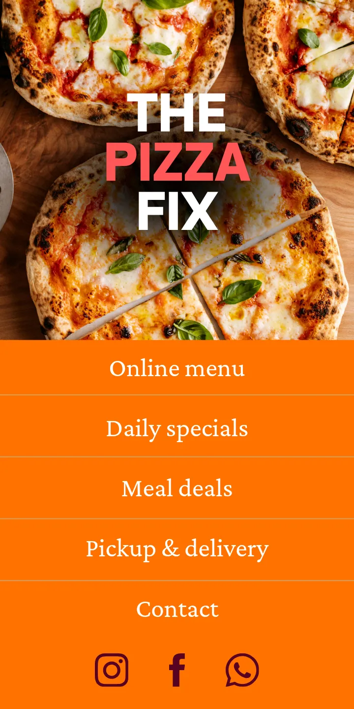 The Pizza Fix multi-link page with an orange menu of Online menu, Daily specials, Meal deals, Pickup and delivery and Contact links