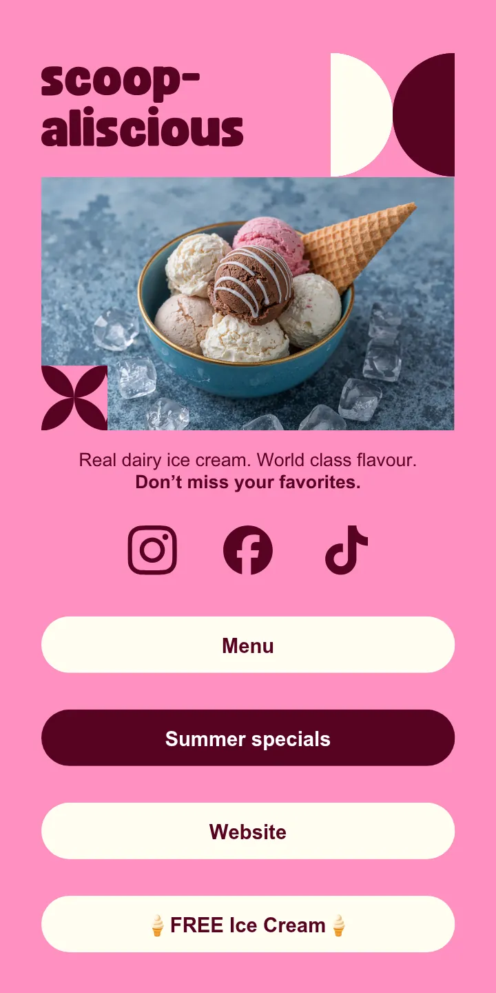 scoop-aliscious ice cream multi-link page in pink with Menu, Summer specials, Website and Free Ice Cream links