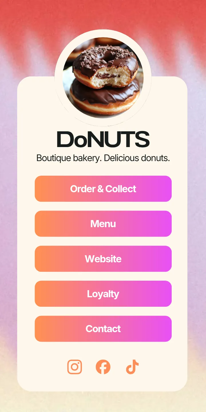 DoNUTS boutique bakery multi-link page with Order and Collect, Menu, Website, Loyalty and Contact links