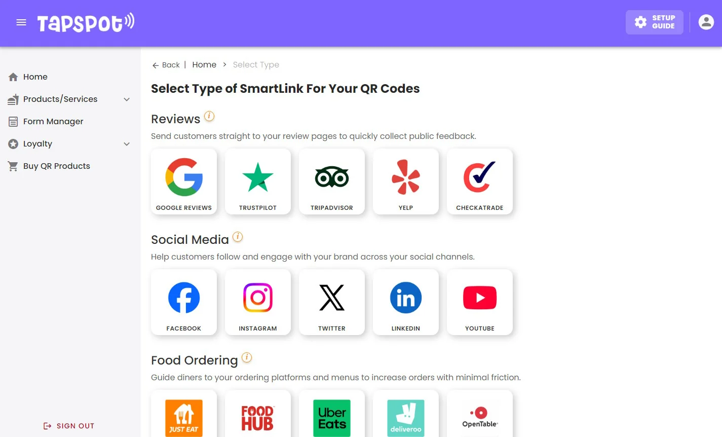 TapSpot staff dashboard showing available SmartLink types