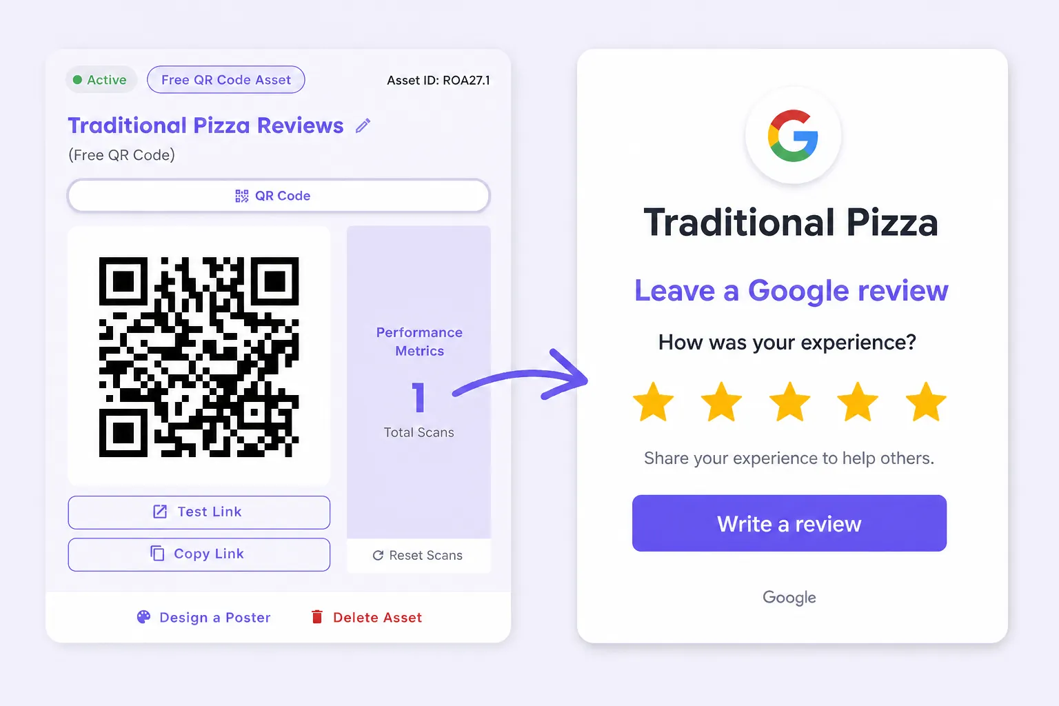 TapSpot QR code leading to the Traditional Pizza Google review page with a five-star rating
